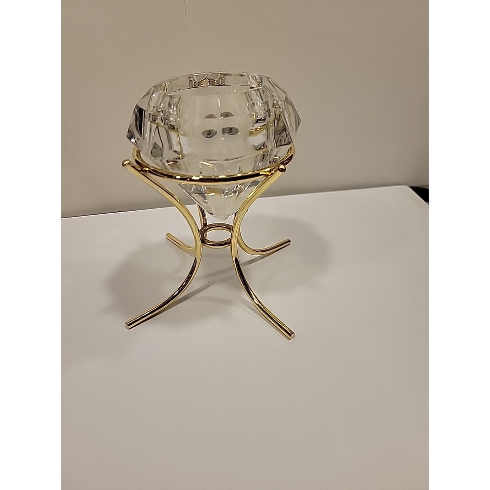 PartyLite Solitaire Diamond Crystal Tealight Candle Holder Glass Gold Stand 4.5" - Picture 1 of 4